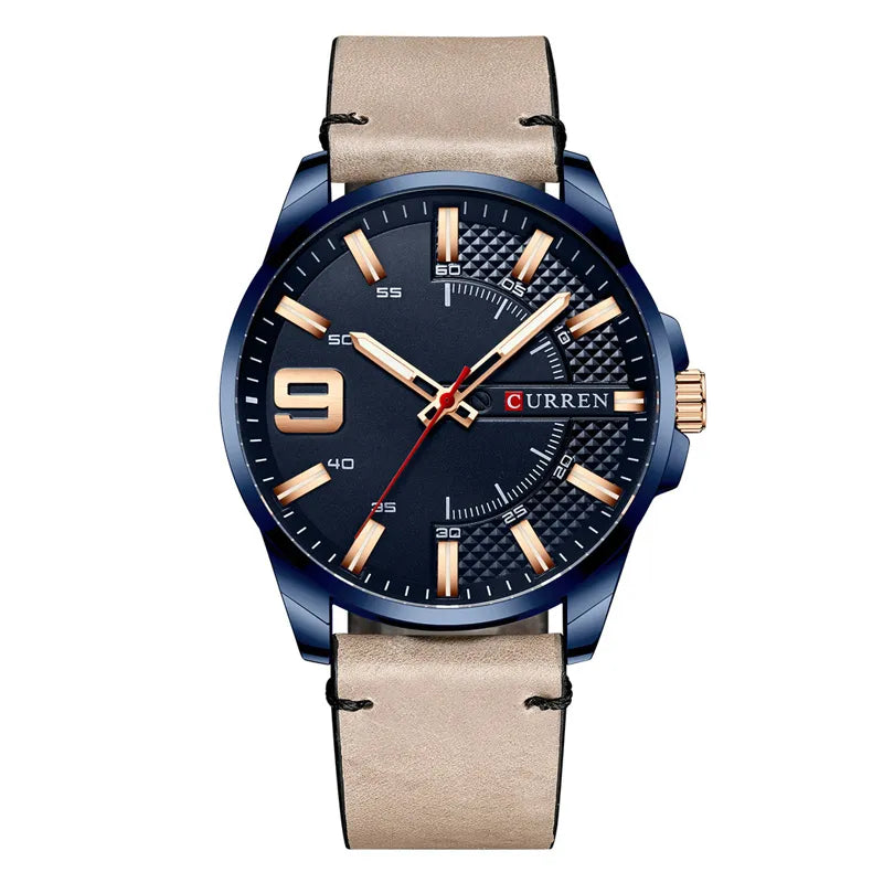 Curren 8371 Grey Leather Blue Analog Dial Men’s Wrist Watch
